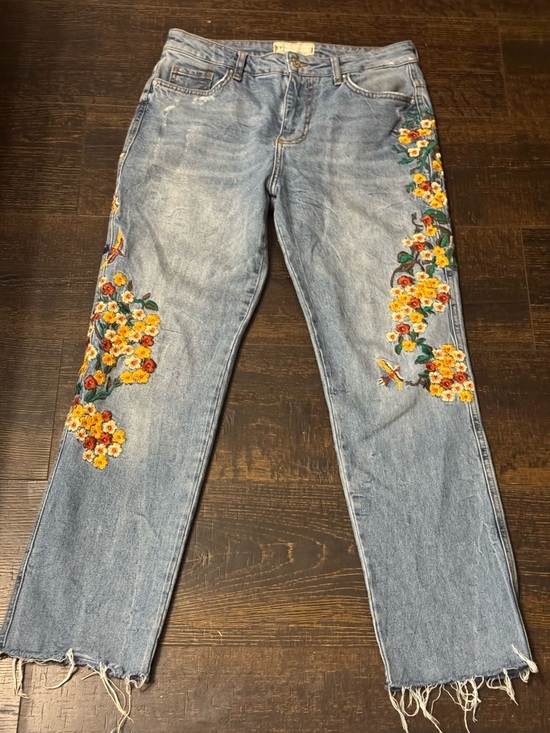 Free People Denim - Free People Light Blue Straight Leg Jeans with Yellow Floral Embroidery